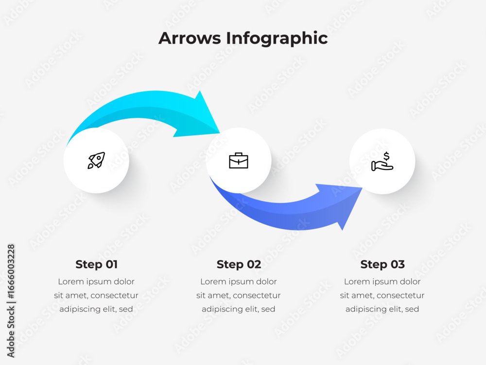 Poster modern infographic demonstrating a three step business workflow featuring arrows and icons indicatin