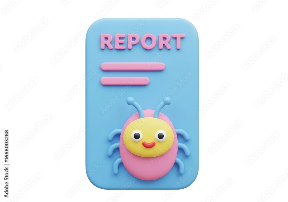 Poster cute bug on a report document isolated on white background