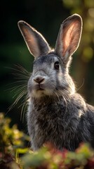 Obraz premium Adorable Wild Rabbit with Upright Ears in Warm Outdoor Setting perfect for wildlife photography, children's book illustrations, springtime nature campaigns and animal conservation visuals