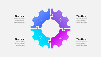 Multicolored segmented gear design infographic with icons representing business concepts and workflows, designed on a white background with placeholder titles and explanatory text included