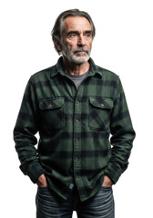 Fototapeta premium A grizzled mature caucasian man in a dark green flannel shirt and denim, hands in pockets, gazing contemplatively on a transparent background with copy space, portraying enduring wisdom and resilience