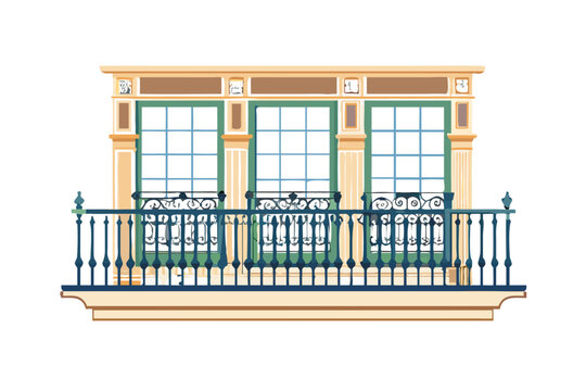 Ornate wrought iron balcony with green framed windows and decorative architectural details