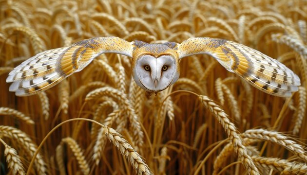 A majestic barn owl gliding effortlessly over vibrant golden wheat fields under a clear blue sky - Powered by Adobe