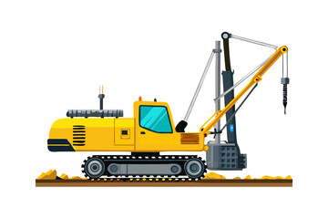 Yellow drilling rig machine with a long boom and drill bit on a construction site
