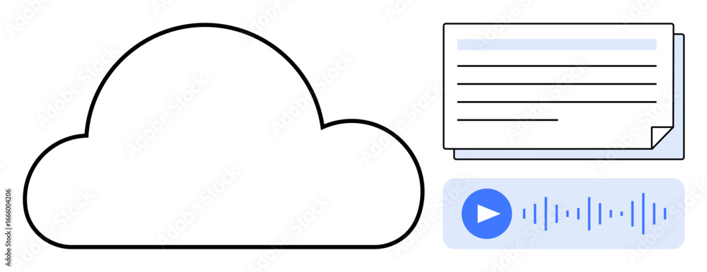 Poster cloud alongside text document and audio waveform with play button, emphasizing connectivity, data st