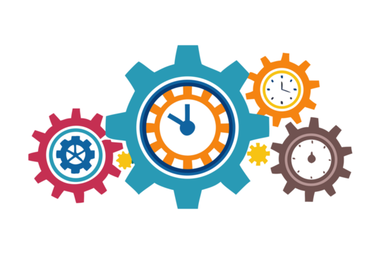 Interlocking gears with a clock face in the center on a black background