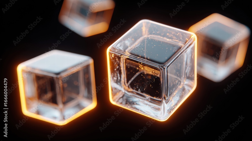 Poster glowing cubes in a dark space creating a modern and abstract design for digital art.