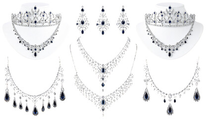 Sapphire diamond jewelry set, tiaras, necklaces on transparent background
