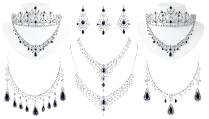 Sapphire diamond jewelry set, tiaras, necklaces on transparent background