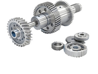 3 D Render of Interconnected Silver Metal Gears and Cogwheels Against a Black Background Showing Detailed Mechanical Components and Precise Engineering