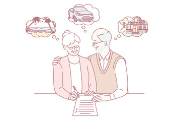 Happy retirement and planning vacations concept. Old mature couple man and woman standing signing document planning weekend together feeling happy vector illustration