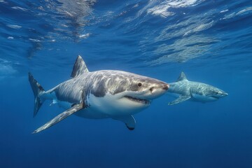 Great white sharks swimming together in the deep blue ocean showcasing realistic details of their powerful bodies and unique markings during a calm afternoon