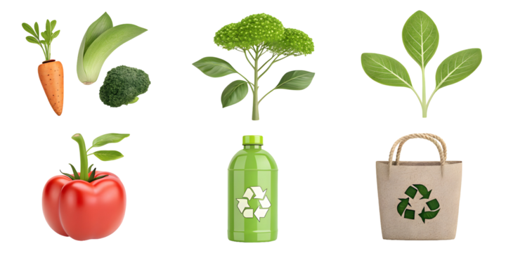 Six Eco Friendly Items 3 D Render Six Different Sustainable Products Arranged in a Two by Three Grid Against a Black Background Featuring a Green Bottle with a Recycling Symbol