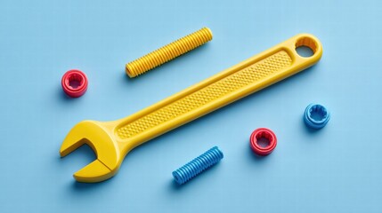 A bright yellow toy wrench with bolts and nuts on a blue surface, ready to build.