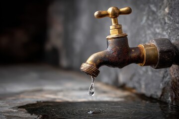 Dripping tap reveals realistic water leakage in old fixture in a dimly lit setting highlighting the texture and aged appearance of the metal components