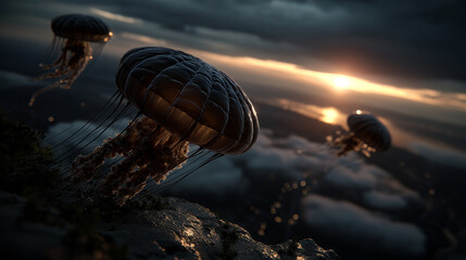 A group of alien jellyfish-like creatures flying over a landscape at sunset