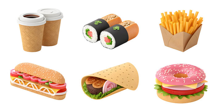 Six Diverse 3 D Rendered Food Items Arranged in a Two by Three Grid Against a Black Background Featuring Coffee Cups Sushi Rolls French Fries a Sub Sandwich a Burrito and a