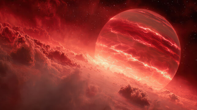 Red planet with lightning storms and swirling clouds space, surrounded by stars and cosmic dust, creating dramatic and fiery