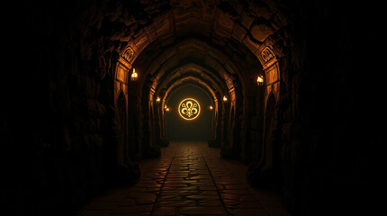 Fototapeta premium A dark stone dungeon hallway with arched ceilings, lit by warm torches, leading towards a glowing golden symbol with intricate details at the end.