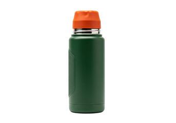 A pristine forest green stainless steel water bottle with a burnt orange silicone cap, wide-mouth, on a transparent studio background with copy space, concept of durable outdoor product