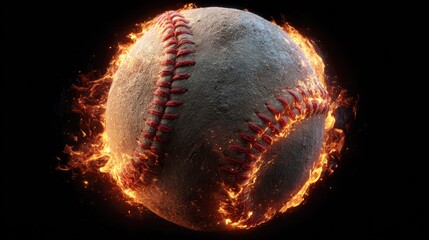 Fiery baseball engulfed in flames against black