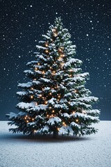 A Magical Winter Night: Snow-Covered Christmas Tree Underneath Starlit Sky