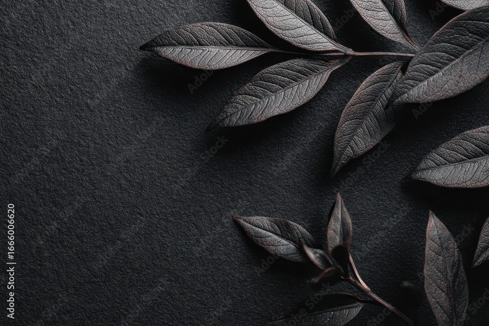 Poster minimalist aesthetic design featuring dark leaves set against a textured black backdrop creating a c