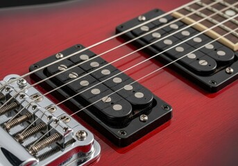 Fototapeta premium Detailed view of the guitar hardware features vibrant red, black and silver colors
