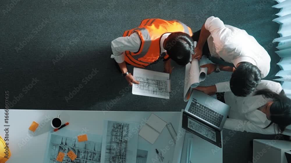 Aufkleber top down view of project manager and civil engineer hold laptop while explain idea to architect. aer