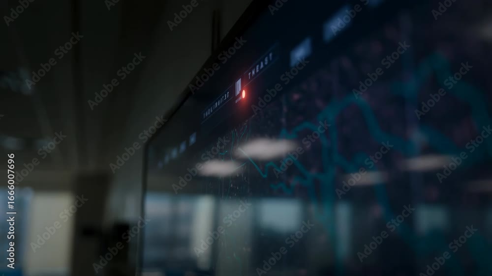 Poster computer screen showing threat detection system in modern office