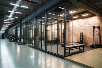 Modern Gym with Glass Walls and Brick Accent