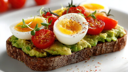 Slice of toasted bread topped with mashed avocado, cherry tomatoes, soft boiled eggs, and microgreens, creating colorful