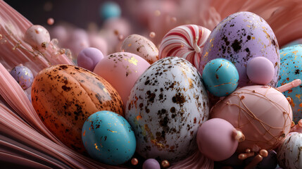 Happy Easter festive banner. Vector illustration with realistic colorful Easter eggs and sweets. Spring holiday card. Promotion greeting background with holiday symbols.