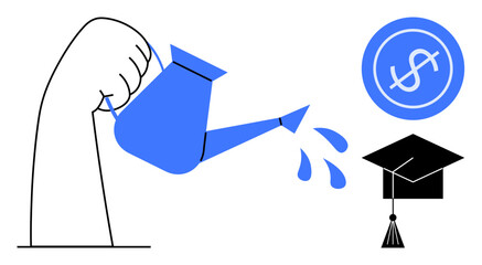 Hand pouring water from a watering can onto a graduation cap with a dollar sign. Ideal for education funding, finance, growth, investment, support, opportunity, academic success. Simple flat metaphor