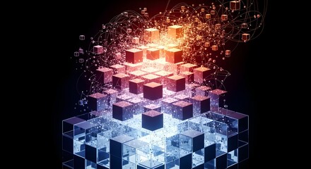Abstract digital illustration of interconnected cubes in vibrant colors, suggesting complex data structures or network connections.