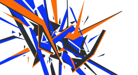 Complex abstract geometric pattern of razor-sharp fragmented polygons, bold intersecting lines in electric blue, vibrant orange, charcoal grey on white, high-tech disruption concept