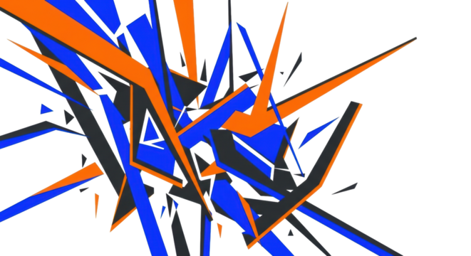 Complex abstract geometric pattern of razor-sharp fragmented polygons, bold intersecting lines in electric blue, vibrant orange, charcoal grey on white, high-tech disruption concept - Powered by Adobe