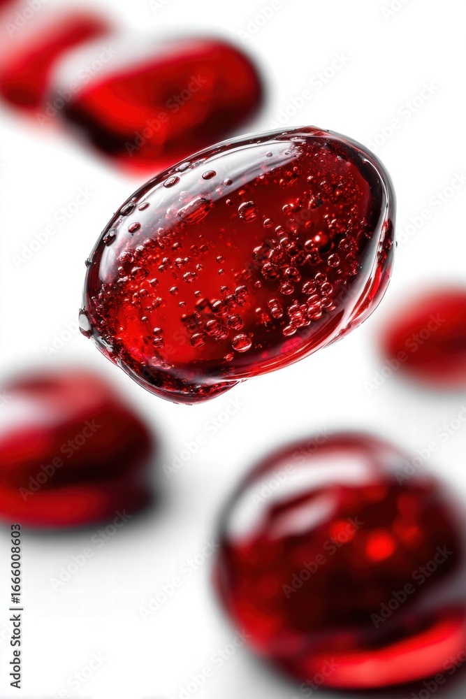 Poster an alluring macro shot of a red gem filled with tiny, sparkling bubbles.