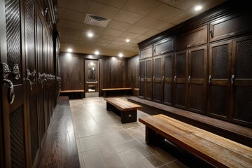 Locker Room with Benches &ndash; Clean and Organized Changing Area in Gym or Sports Facility Photo.