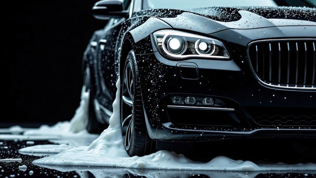 modern stylish black car in foam on a car wash on dark black background with copy space. car care banner with place for text minimalism. no people. self-service car wash. 