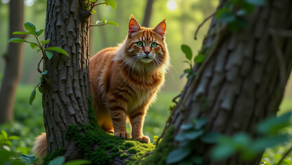 Norwegian Forest Cat Climbing a Tree in Natural Forest Light