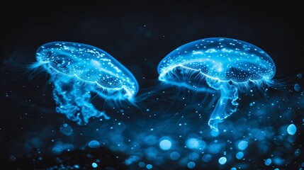 Majestic jellyfish gracefully floating in the mysterious depths of dark ocean waters at night