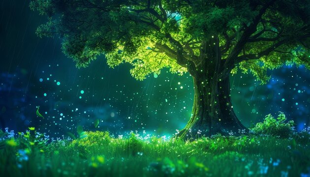 Majestic tree with luminous branches in a magical and enchanting dreamlike forest landscape - Powered by Adobe