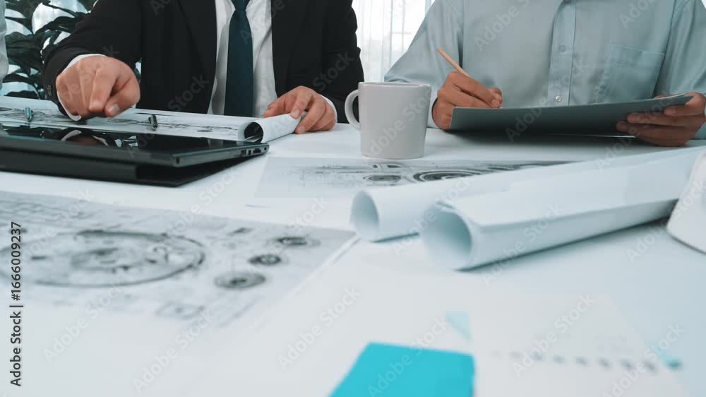 Poster two business professionals engage in a collaborative meeting, utilizing documents and a digital tabl