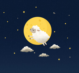 A cartoon sheep jumping over clouds in front of a large yellow moon at night