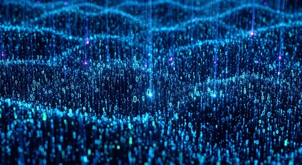 Abstract digital landscape with blue and purple light streams flowing over a textured, undulating surface.