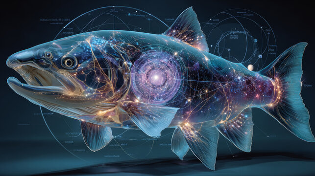 Abstract image of a fish in the form of a starry sky or space, consisting of points, lines, and shapes in the form of planets, stars and the universe. Salmon vector wireframe