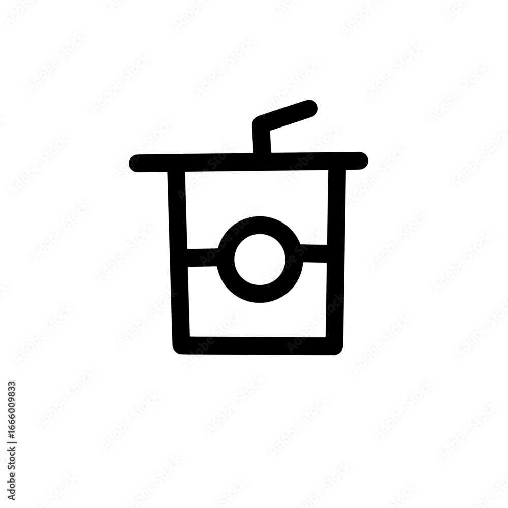 Poster illustration of a simple black and white drink cup with a straw and a circular design element center
