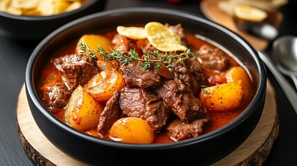 Beef stew with onion and baby potato with potato chip