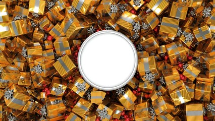 Hundreds of Christmas gifts around a blank white round frame for writing text - 3D rendering
